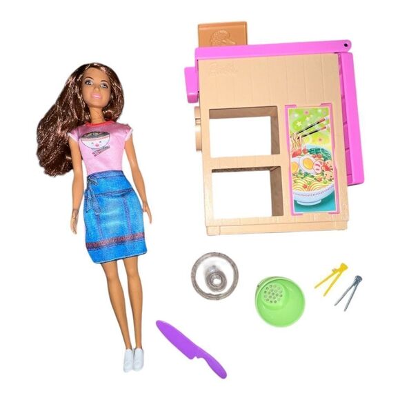 Barbie Noodle Bar Playset & Brunette Doll Workstation Bowls Chopsticks EUC - Picture 1 of 7